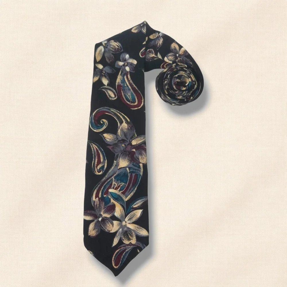 Vintage Hanover St USA Silk Necktie Wide Floral Paisley Black Burgundy Teal OS